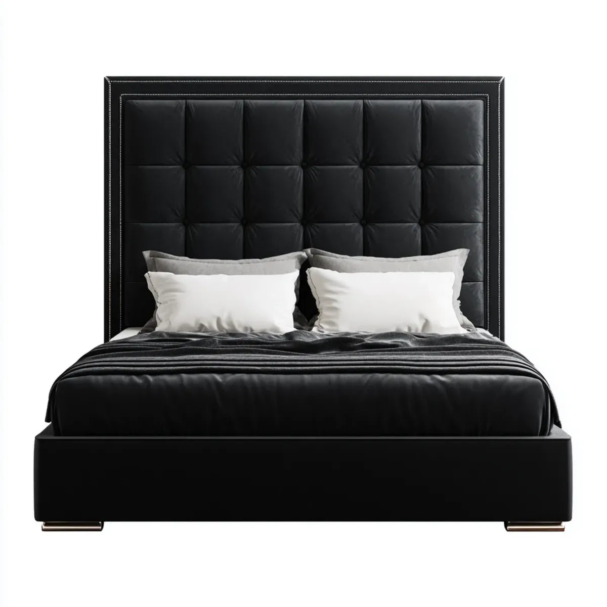 Lit double avec tête de lit capitonnée noir 180 x 200 cm en cuir synthétique PU rectangulaire