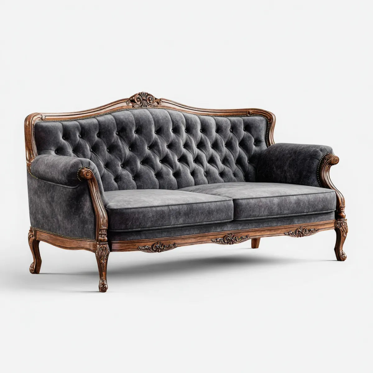 Canapé droit capitonné 3 places gris anthracite en polyester effet velours avec structure en bois massif 200 x 85 x 105 cm