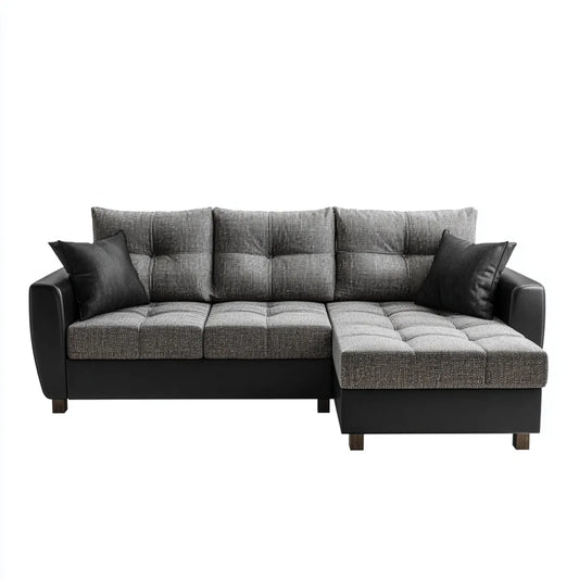 Canapé d'angle droit 4 places gris et noir 250 x 160 x 85 cm en polyester et similicuir PU