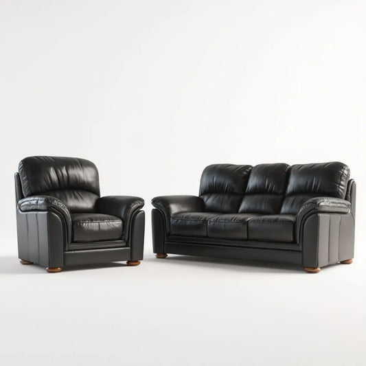 Ensemble canapé 3 places et fauteuil noir en cuir synthétique PU 210 x 92 x 88 cm et 112 x 92 x 88 cm